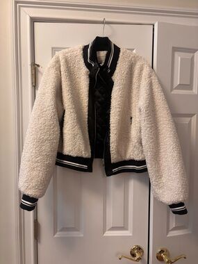 Anthropologie Women's White Sherpa Bomber Jacket with Black Trim